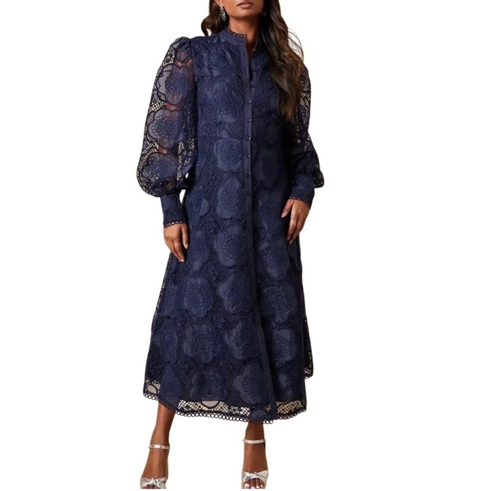 NWT Twotwinstyle Navy Blue Floral Guipure Lace Midi Shirt Dress M Lantern Sleeve